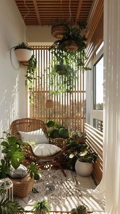 a balcony with plants and potted plants on the floor, along with wicker furniture