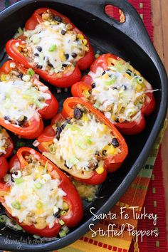 several pictures of stuffed peppers in a pan with cheese and seasonings on top, along with the recipe for stuffed peppers