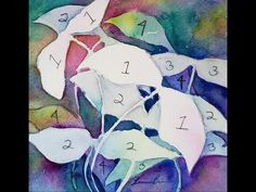 a watercolor painting of leaves with numbers on them