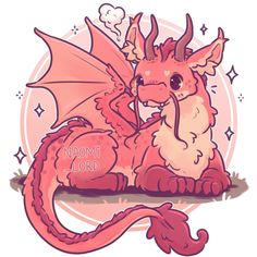 a pink dragon sitting on the ground with its eyes closed and tongue out, in front of