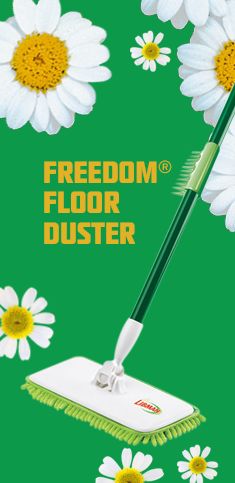 a green poster with white daisies and a mop in the middle that says,'freedom floor duster '