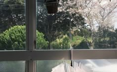 an umbrella sitting on top of a window sill next to a basket filled with flowers