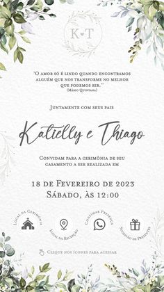 a wedding card with greenery and leaves on it, in white paper that reads ketteley e thaagoo