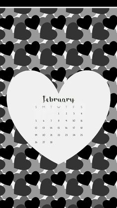 a heart shaped calendar with black and white polka dot pattern in the background for february