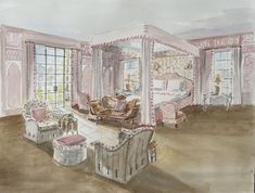 a watercolor drawing of a bedroom with pink walls and furniture in the room, along with large windows