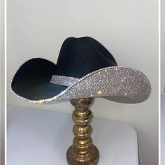 This Stunning Hat Sells For $200 Plus Tax A Shipping. Worn Once For My Birthday, Sz Small/Medium Has Elastic Inside. Very Comfortable. Black Straw Hat With Rhinestone Trim And Rhinestones Underneath. And Rhinestone Band. I Wore With Wig When I Was Going Through Chemo- So Now I’d Like To Get One That Is A Specific Size. Because This One Is A Little Snug. Comes Shipped In Box With Dust Bag. Rhinestone Cowgirl Hat, Cowboy Carter, Custom Cowboy Hats, Black Straw Hat, Country Clothes, Rhinestone Cowgirl, Black Cowgirl, Cowgirl Aesthetic, Black Jewel