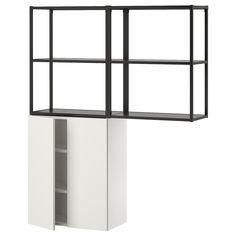 a tall shelf with two doors and shelves above it, in front of a white background