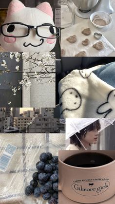 a collage of photos with coffee, blueberries and other things in them including a cat mask