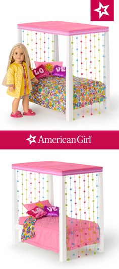 the american girl doll bed has been made into a canopy with beads and stars on it