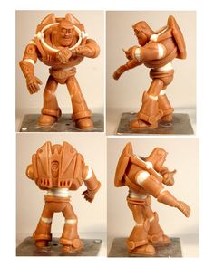 four pictures of an action figure made out of clay