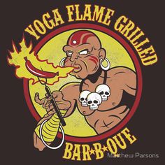 a cartoon character holding a burning stick with skulls on it and the words yoga flame grilled bar - b - que