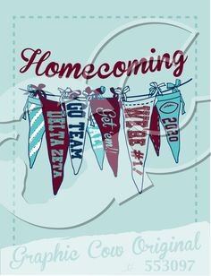 some pennants that are hanging from a line with the words home coming on them