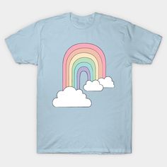 a blue t - shirt with a rainbow and clouds