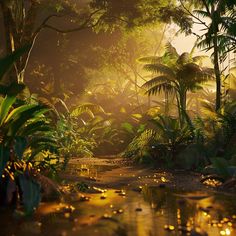 the sun shines through the trees and plants in this tropical forest scene with water