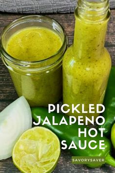 pickled jalapeno hot sauce in a glass jar next to sliced green peppers