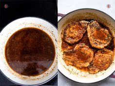 two pictures side by side one with meat and the other with gravy in it