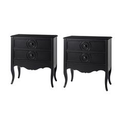 two black nightstands side by side against a white background and one has an oval design on the top