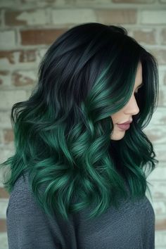 Turn heads with stunning curly locks accentuated by vibrant dark green highlights! #CurlyHairGoals #DarkGreenHighlights #BoldAndBeautiful #HairTransformation #OmbreHair #WinterHair Dark Teal Hair Ombre, Black And Emerald Hair, Dark Green Highlights, Emerald Green Hair, Soft Balayage, Highlights Ideas, Green Highlights, Winter Hairstyles, Hair Transformation