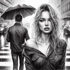 a drawing of a woman holding an umbrella in the rain with a man walking behind her