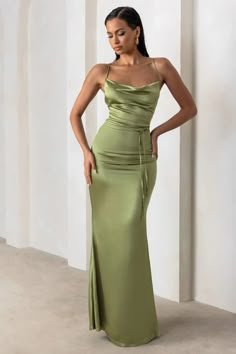 Lifetime Olive Satin Cowl Neck Maxi Dress With Cross Back Detail – Club L London - USA Sage Green Prom Dress, Cowl Neck Maxi Dress, Green Satin Dress, Green Formal Dresses, Green Silk Dresses, Sage Green Dress, Club L London, Olive Green Dresses, Green Bridesmaid Dresses