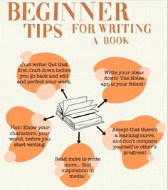 an info sheet with the words beginner tips for writing a book in orange and white