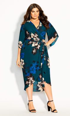 Elegant Dressing, Design Outfit, Big Size Dress, Tall Men Clothing, City Chic Dresses, Blue Floral Dress, Dress With Sleeves, Wrap Around Dress, Wrap Dresses