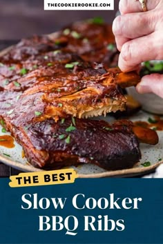 the best slow cooker bbq ribs on a white plate with text overlay