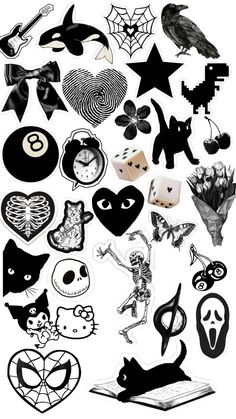 various black and white stickers are arranged in the shape of heart, skull, cat, bird, spider, owl, skeleton