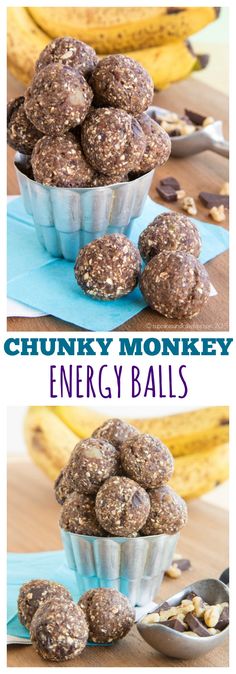 chocolate energy balls are stacked on top of each other