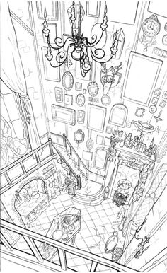 a black and white drawing of a living room with chandelier hanging from the ceiling