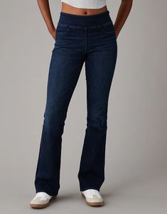 AE Luxe Pull-On High-Waisted Kick Bootcut Jean Casual Stretch Flare Jeans For Workwear, How To Style Bootcut Jeans, Best Bootcut Jeans, Jeans Boots Outfit, High Rise Bootcut Jeans, Womens Jeans Bootcut, Bootcut Jean, Pull On Jeans, Bootcut Pants