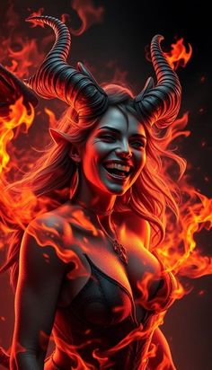 a woman with horns and fire on her face