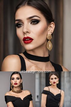 19 Makeup Ideas that are Perfect with a Black Dress Eye Makeup For Black Tie Event, Makeup For Black And White Outfit Classy, Black Dress Make Up Ideas, Black Tie Event Makeup Classy, Elegant Makeup For Black Dress, Eye Makeup For A Black Dress, Makeup For Formal Event Black Tie, Makeup For Black And Silver Dress, Makeup Ideas With Black Dress