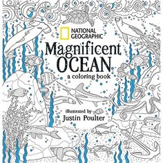 an adult coloring book with ocean animals and marine life on the cover, in black and white