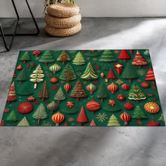 christmas trees and ornaments on green background area rug