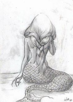 a pencil drawing of a mermaid sitting on the ground with her head in her hands