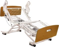 a hospital bed with two wheels and a basket on the back end is shown in this image