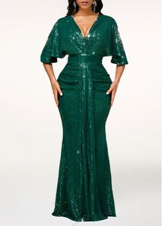 Color:Blackish Green;Size:M;Package Contents:1 X Dress;Occasion:Work;Style:Elegant; Cocktail Dress Elegant, Maxi Bodycon Dress, Bodycon Cocktail Dress, Gown Styles, Evening Dresses With Sleeves, Dress Sleeve Styles, Green Maxi, Sequin Gown, Half Sleeve Dresses