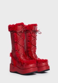 Faux Fur Lined Platform Boots With Round Toe, Faux Fur Lined Round Toe Platform Boots, Faux Fur Platform Boots With Round Toe, Red High-top Lace-up Boots For Winter, Winter Platform High-top Knee-high Boots, Party Boots With Faux Fur Lining, Winter Faux Fur Platform Boots With Round Toe, Red Heeled Boots, Red Platform Boots