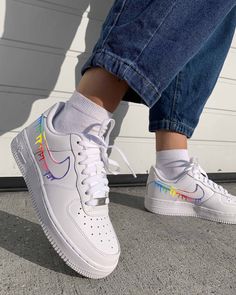 Custom Nike Rainbow Swoosh AF1 Shoes Air Force 1 Hand Painted Sneakers Gift For Kid's Men's Women's I custom make each pair by hand with love and care. Each pair is an Authentic Nike purchased from the store A unique gift for your friends and family members. If you want to change other colors, we also can help you do that we can not promise any arrival time but will try our best to ship it faster. We can customize various styles and colors of shoes according to your individual needs, you can con Wallpaper Nike, Tenis Air Force, Nike Air Force 1 Outfit, Af1 Shoes, Sneaker Nike, Nike Shoes Air Force, White Nike Shoes, Jordan Shoes Girls, Nike Air Shoes