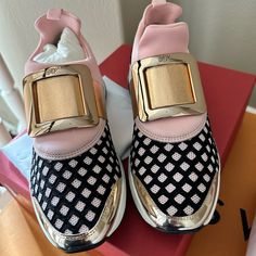 New Size:39 1/2 Roger Vivier Sneakers, Vivier Shoes, Roger Vivier Shoes, Creative Shoes, Black Gems, Roger Vivier, Shoe Fits, White Rhinestone, Pink Shoes