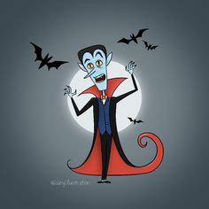 a cartoon character dressed as dracula with bats in the background