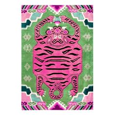 a pink and green area rug with an animal design on the front, in different colors