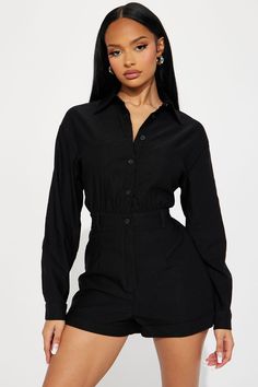 Available In Black. Romper Long Sleeve Collar Elastic Waistband Short Stretch Self: 70% Rayon 25% Polyester 5% Spandex Imported | Always My Way Romper in Black size XS by Fashion Nova Black Romper Long Sleeve, Ootd Casual Chic, Romper Long Sleeve, Long Romper, Curve Dresses, Black Romper, Long Sleeve Romper, Mens Activewear, Short Rompers