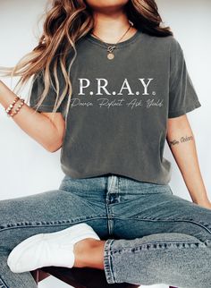 Inspirational shirt, Praying Shirt. PRODUCT DESCRIPTION: Bella Canvas Unisex T-shirt Super soft cotton and excellent quality print makes. 100% Soft cotton (fibre content may vary for different colors) Light fabric (4.2 oz/yd² (142 g/m Runs true to size Our Relaxed Fit Tee (Bella + Canvas style 3001) is a unisex style that runs a touch small for men, and about a half a size large for women. It's a relaxed fit and is soft and cozy. * For T-shirt Sizes Please refer to the Listing Image. CARE INSTRU Praying Shirt, Pray Through It, Pray Shirt, Pray On It, Christian Tee Shirts, Faith Based Clothing, Trendy Tees, Church Shirt, Christian Tees