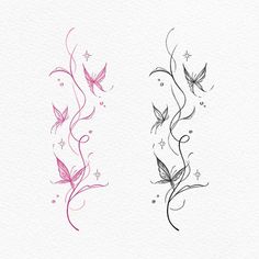 two flower designs on white paper with pink and black ink, one in the shape of a