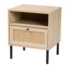 Caterina Mid-Century Modern Transitional Natural Brown Finished Wood and Natural Rattan 1-Door Nightstand Boho Bedside Table, Transitional Nightstand, Brown Nightstands, Metal Storage Shelves, Black Nightstand, Nightstand Set Of 2, White Nightstand, Baxton Studio, Modern Transitional