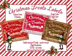 three christmas treats labels with elfs on them