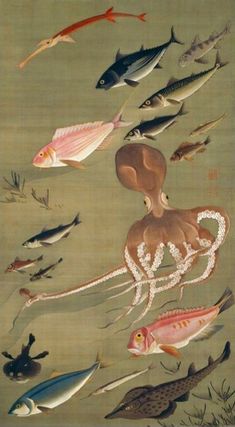 a painting with many different types of fish in the water, including squids and octopuses