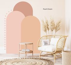 a living room with pink walls and furniture in the corner, including a rattan chair